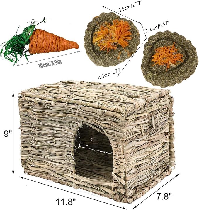 kathson 2 Pcs Rabbit Grass House Natural Foldable Hand Woven Seagrass Bed Carrot Hay Toy Hut Safe Comfortable Playhouse with 6 PCS Bunny Chew Toys for Bunny Hamster Guinea Pig Chinchilla Ferret