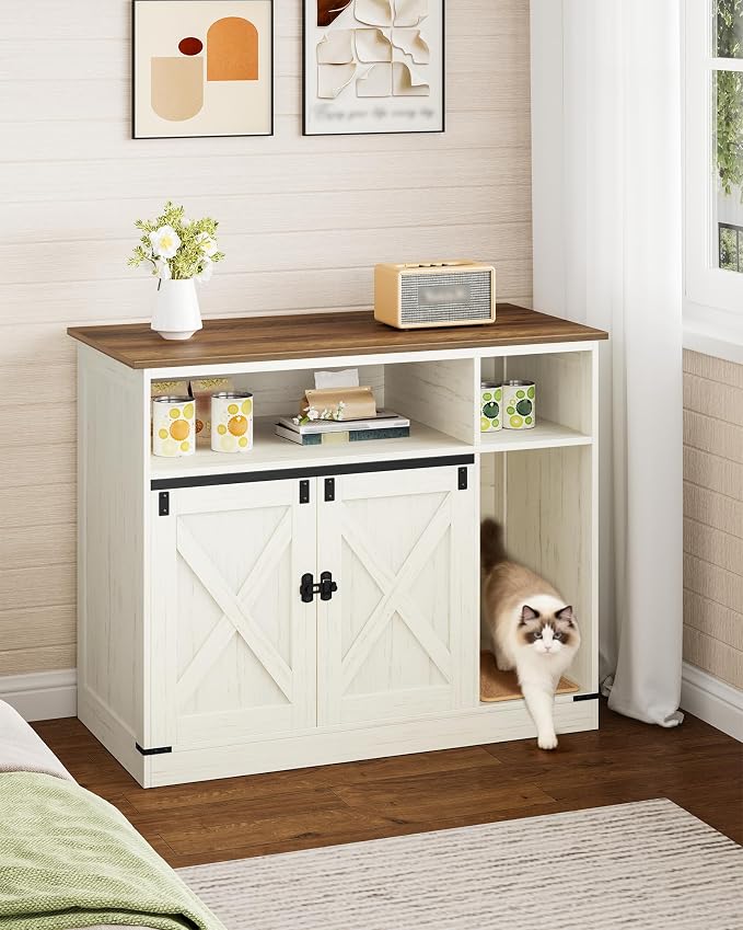 Hzuaneri Cat Litter Box Enclosure, Hidden Litter Box Furniture with Storage, Wooden Cat Cabinet with Scratch Pad, Farmhouse Cat Washroom, TV Stand End Table, Rustic Brown and White CB88614X