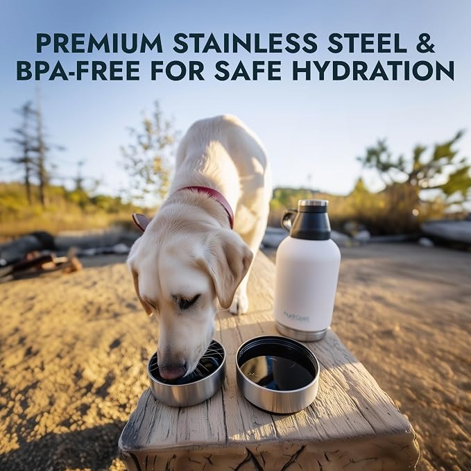 Hydropet Portable Dog Water Bottle (64 oz) – Stainless Steel, BPA-Free, Leak-Proof – Detachable Dog Water Bowl & Dog Food Bowl – Neoprene Carry Bag – Essential Dog Accessories for Daily Walks & Travel