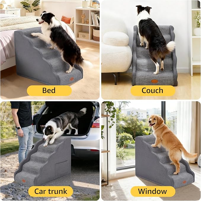 Woochpet Side Armrest Dog Stairs for High Beds Up to 26-30", 5-Step Pet Ramp with Weighted Base Plate, Washable Cover, Gentle Slope Steps, Bed & Couch Ladder for Small Medium Dogs & Senior Cat