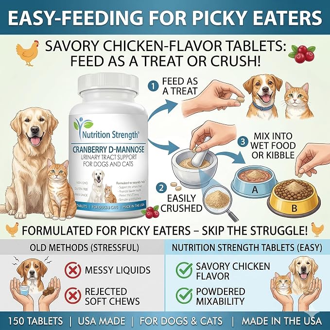 Cranberry D-Mannose for Dogs, Support for Bladder & UTI, Pet Urinary Tract + Immune Health Supplement, Cranberry for Dogs with D-Mannose & Vitamin C, 150 Chewable Tablets