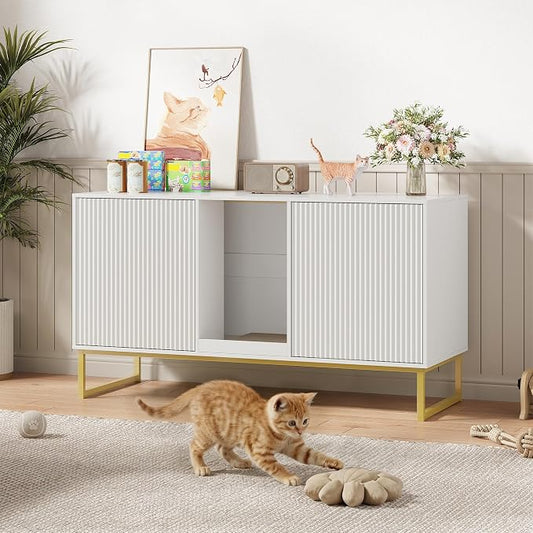 Kitty Litter Box Enclosure for 2 Cats, Small Hidden Cat Litter Box Furniture with Scratch Pad, Modern Fluted Double Litterbox Cabinet TV Stand for Kittens, White