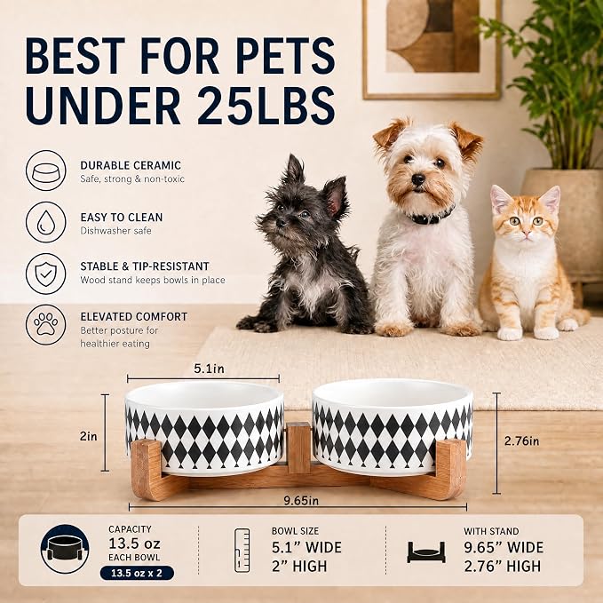 Petygooing Ceramic Dog Cat Bowl Set with Stand,Pet Food and Water Bowl,Small Dog Bowls Anti -Slip Set of 2 Cat Dishes Food Bowls Dish Small Size Pet (13.5OZ/5.1 in) Black Rhombus