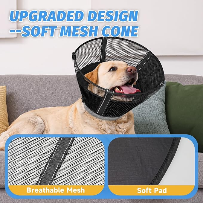 Dog Cone Collar After Surgery to Stop Licking: Soft Grid Recovery Collar with Detachable Pad, Elizabeth Cone Alternative for Large Medium, Small Dogs, Normal Eating and Drinking,S,Jet Black