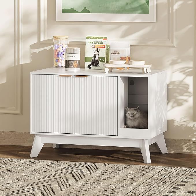 Cat Litter Box Enclosure Hidden Litter Box Furniture with Scratch Pad Cat House Wooden Cat Washroom Cabinet 2-in-1 for Living Room,Hallway,White