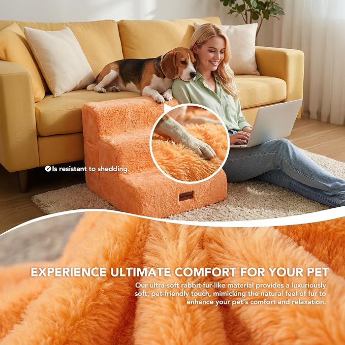 PETNOVO Ultra-Soft Faux Fur Dog Stairs for Couch and Sofa, 2-Step Dog Steps for Small Dogs, Non-Slip Foam Pet Stairs, Washable Cover, 15.7" D x 15.7" W x 11.8" H, Orange