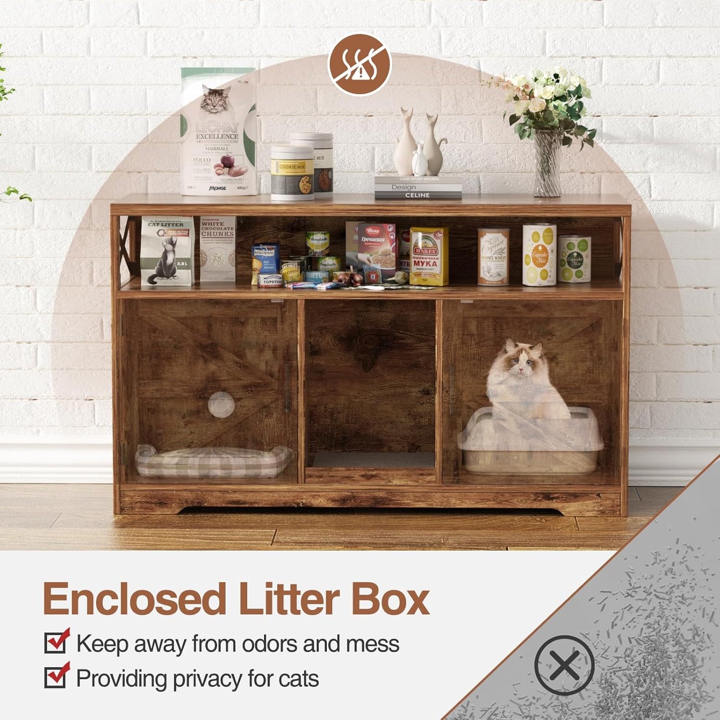 Cat Litter Box Enclosure for 2 Cats, 47" Double Hidden Litter Box Furniture with Scratch Pad, Farmhouse Indoor Litter Box Cabinet Cat Washroom, Rustic Brown