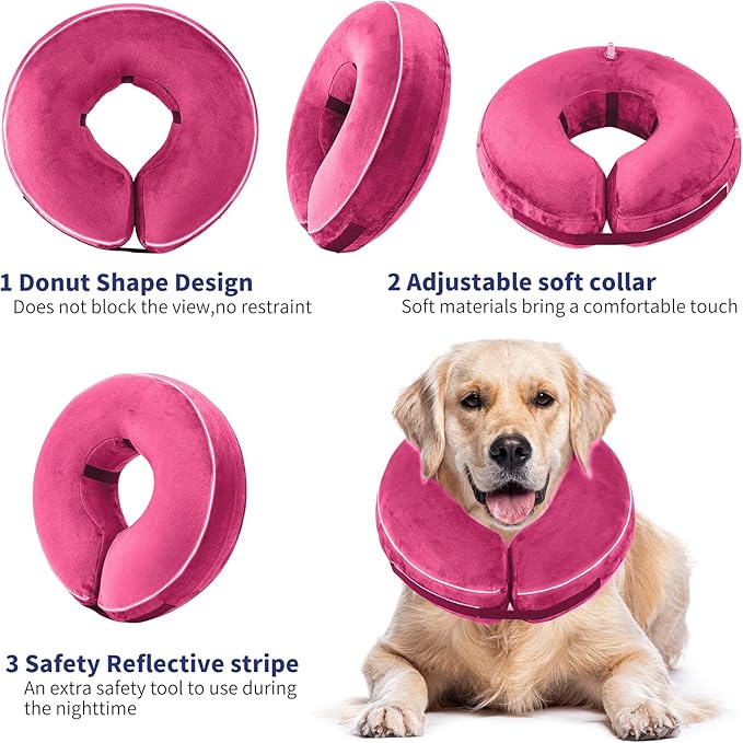 Inflatable Reflective Dog Cone Collar Alternative After Surgery,Doggie Recovery Dount Neck Ecollar,Adjustable Soft Dog Cone Collar for Small Medium Large Dogs (Pink, XL)