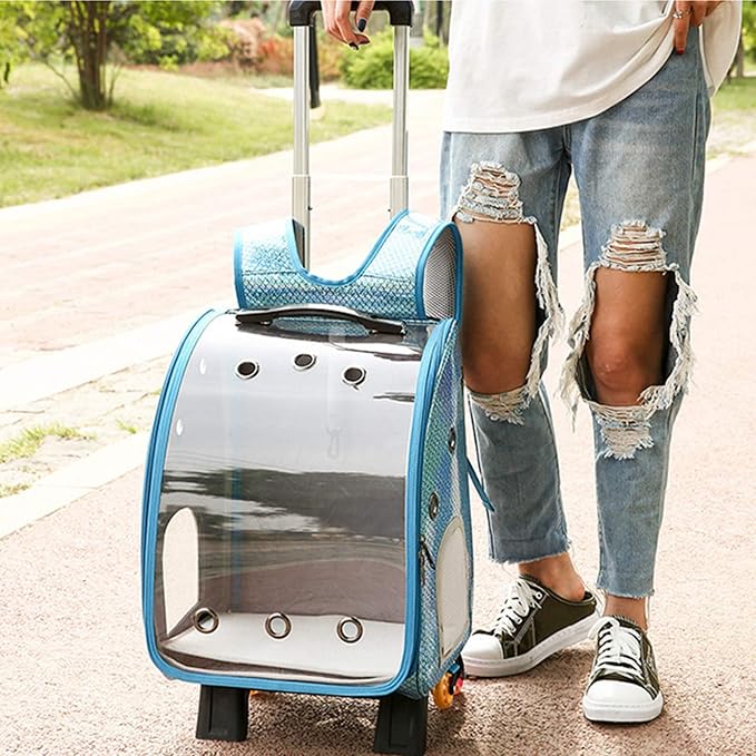 Pet Travel Rolling Carrier Backpack with Removable Wheels,Portable Foldable Breathable Airline Approved Hiking Soft-Sided Carrying Bag Trolley for Small Dogs And Cats with Mesh Ventilation Windows