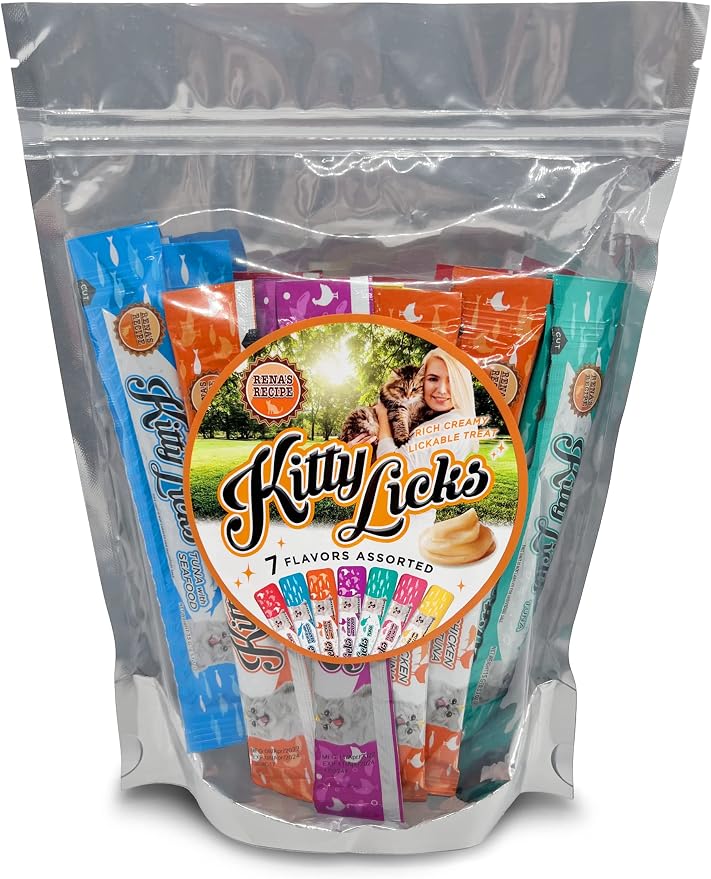 Rena's Recipe Kitty Licks Lickable Cat Treats Variety Pack, 28 Tubes | Creamy purée cat treats in 7 delicious flavors, including tuna and chicken.