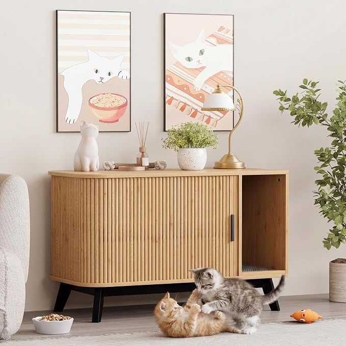 Garvee Cat Litter Box Enclosure, 39" Litter Box Enclosure Furniture Hidden Litter Box with Cat Litter Mat and Sliding Door, Modern Indoor Cat House, Side End Table for Living Room, Natural Wood Color