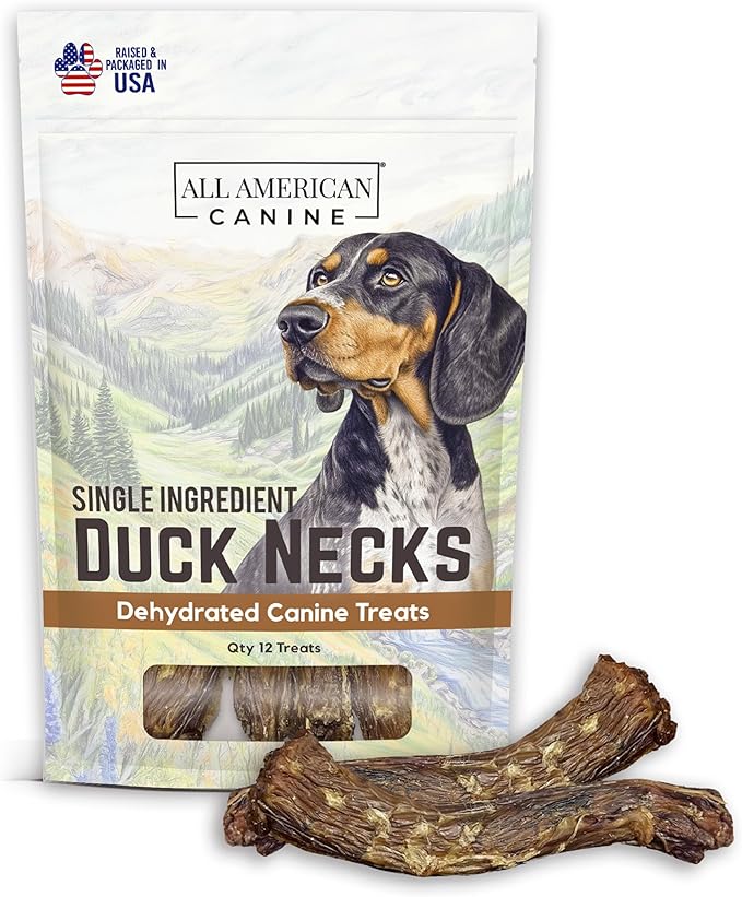 All American Canine 12 Natural Duck Neck Dog Treats – Single Ingredient, Dehydrated & Chewy – Low-Fat, High-Protein Training Reward – Made in USA