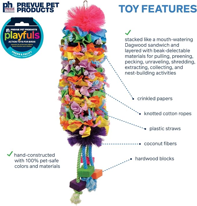 Prevue Pet Products Preen & Pacify Calypso Creations Dagwood Bird Toy - Accessories for Medium to Large Birds, Hanging Birdcage Accessory for Shredding, Pulling, Pecking, and Interactive Engagement