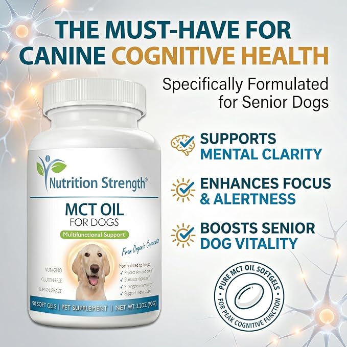 MCT Oil for Dogs from Organic Coconuts - Support Cognitive Function & Energy - Pure C8 & C10 Medium Chain Triglycerides - Boost Immunity & Senior Dog Brain Support, 90 Soft Gels