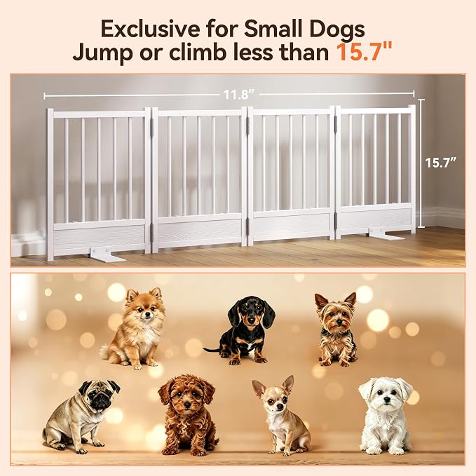 Reinforced Base Small Dog Gate, 48x15.7Inch No Drill Foldable Pet Fence, White Heavy Duty Puppy Barrier for Doorways, Modern Step-Over Metal Dog Gate for House, Anti-Tip Smooth Panel, Holds 200+ lb