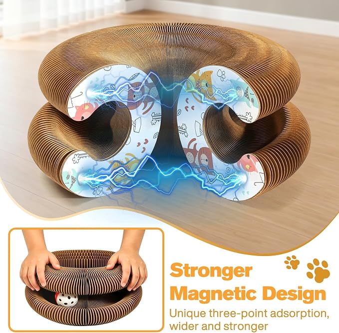 2 PCS Magic Organ Cat Scratcher Board with 6 Balls, Foldable Recyclable Accordion Cats Toy with Ball and Track Adventure, Cat Scratching Pad, Retractable Reversible Furniture Protector(Brown)