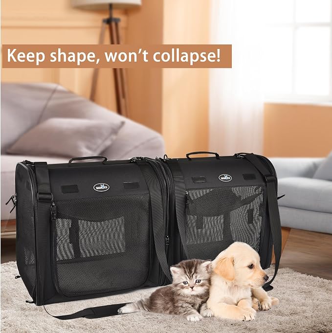Wakytu 2-in-1 Pet Carrier for Cats & Dog, Travel Carrier for Camping | Extra-large fits 2 cats up to 25lbs each, includes 2 hammocks, carry bag, bowls & stakes. Car seatbelt pass-through