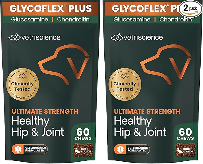 VetriScience Ultimate Strength Healthy Hip & Joint Chews, GlycoFlex Glucosamine,Chondroitin & Green-Lipped Mussel Support Supplement for Dogs, Soothe Joint Discomfort,Duck,60 Count (Pack of 2)