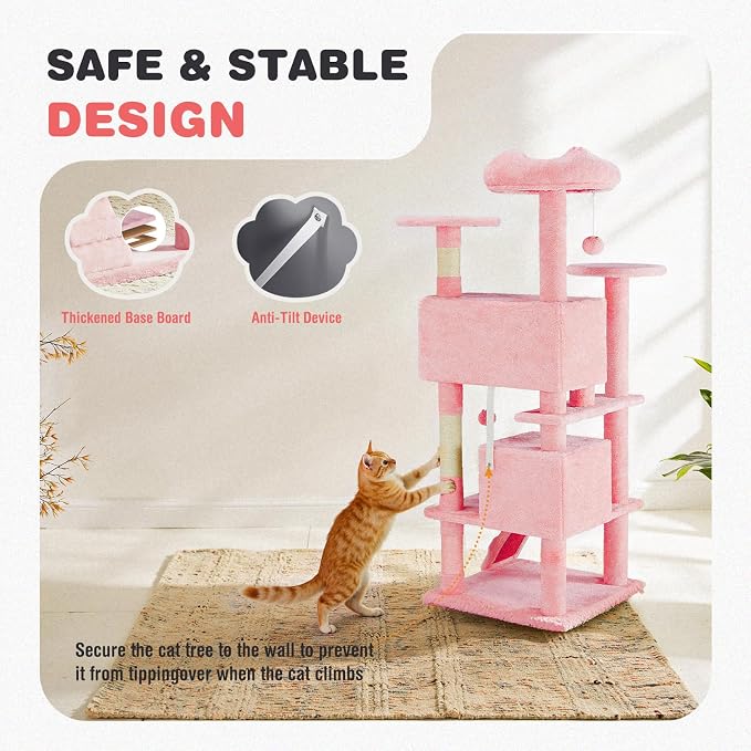Cat Tree 54 Inch, Multi-Level Cat Tower with Condo, Perches, Sisal Scratching Posts and Climbing Ladder, Pet Play Toy Balls House for Indoor Cats, Pink