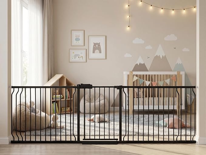 Extra Wide Baby Gate 86-105" Dog Gate Indoor Pressure Mounted No Drill Safety Gate for Kitchen, Doorways & Hallways, Black Metal Pet Gate for Dogs
