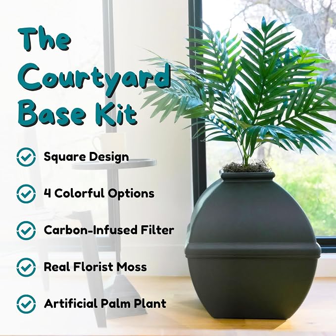 Good Pet Stuff Courtyard Hidden Litter Box Planter, Decorative Cat Litter Enclosure with Carbon Filter, Artificial Palm Plant, Square Design, Easy to Clean, Base Kit, Black Suede