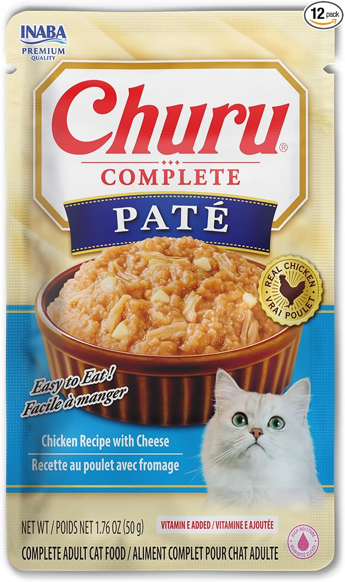 INABA Churu Complete Pate for Cats, Grain-Free, High Protein & Moisture, Wet Cat Food with Fish Oil, 1.76oz. Pouch, 12 Pouches, Chicken with Cheese Recipe