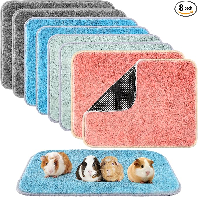 8 PCS Guinea Pig Cage Liner 16 x 12 Inch Reusable Fleece Bedding Mats Washable Pee Pads for Rabbit Hamster Chinchilla and Other Small Animal Cage Supplies (Green, Pink, Gray, Blue)