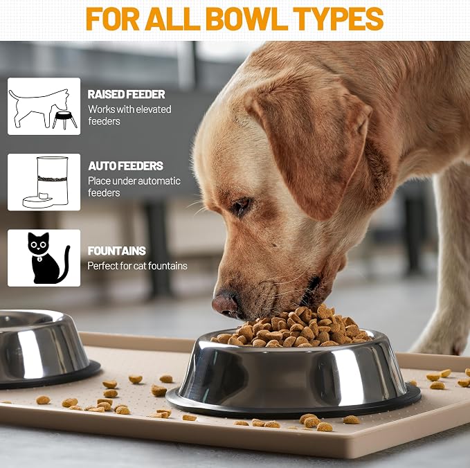 Hubulk Dog Feeding Mat,100% Waterproof Food Grade Silicone Pet Food and Water Bowl Placemat,Dishwasher, High Raised Edge to Prevent Spills,Nonslip Tray to Stop Messes on Floor（28"x18"x0.8", Taupe）