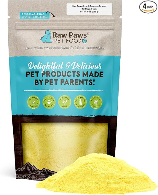 Raw Paws Organic Pumpkin Powder for Dogs & Cats (4-Ounce) - Made in USA - Fiber for Cats - Healthy Stool - Diarrhea & Constipation Relief - Dried Pumpkin for Dogs - Dog Food Topper