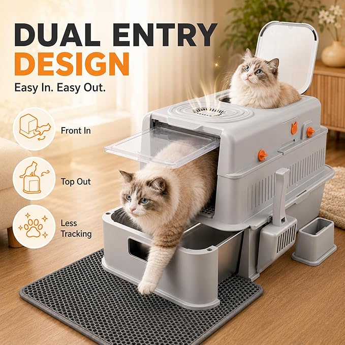 Stainless Steel Enclosed Cat Litter Box with Lid, Front & Top Entry, Drawer & Flip Cover Design, Odor Control Non-Stick Metal Litter Box, Spacious for Large Cats with Scoop and Mat,
