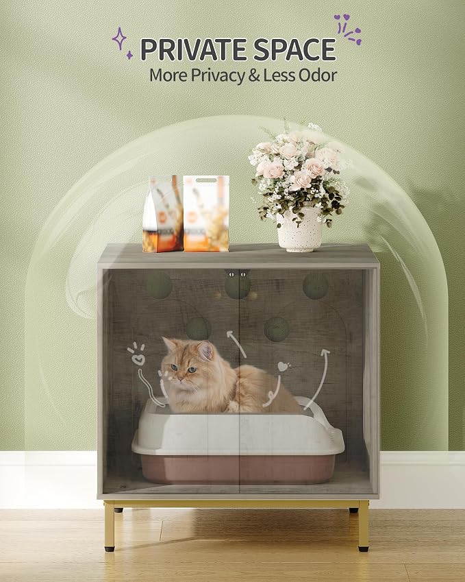 Hzuaneri Cat Litter Box Enclosure, Hidden Litter Box Furniture Cabinet, Wooden Indoor Cat House, Side End Table, Living Room, Bedroom, Greige and Gold CB81205G