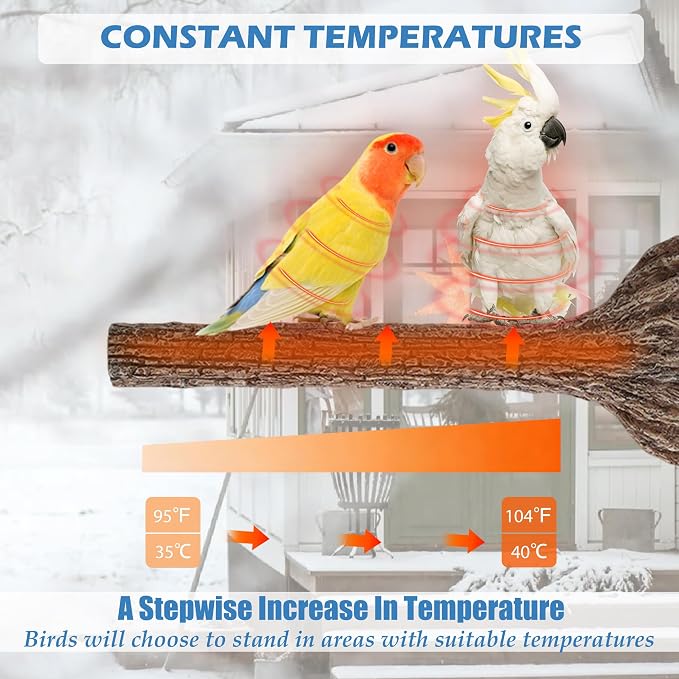 Heated Birds Perch Bird Warmer Birdcage Heater for Cage Winter 100°F-105°F Constant Temperature Birds Heater for Parrots Conure Parakeets Cockatiels Small Bird Mini Macaw