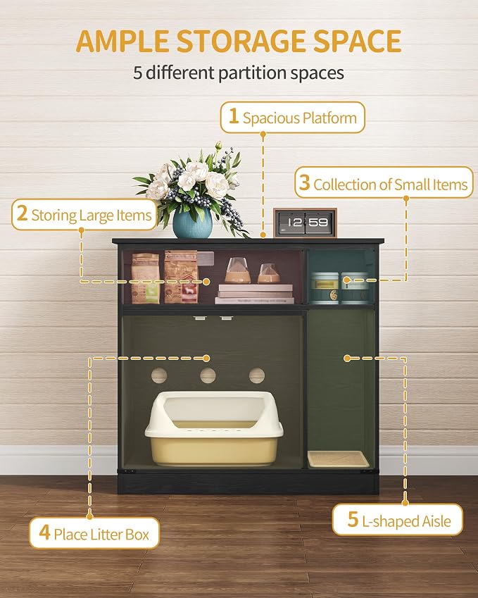 Hzuaneri Cat Litter Box Enclosure, Hidden Litter Box Furniture with Storage, Wooden Cat Cabinet with Scratch Pad, Farmhouse Cat Washroom, TV Stand End Table, Black CB87504X