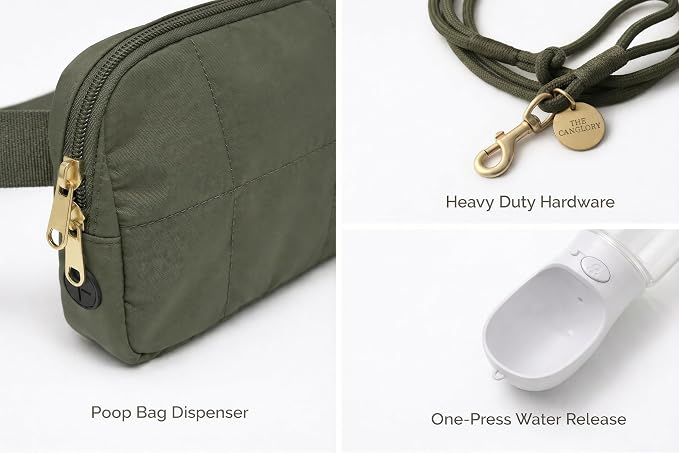 Premium Hands-Free Dog Walking Kit 4-in-1 Crossbody Fanny Pack, 78inc HeavyDuty Rope Leash,12oz Water Bottle & Poop Bag Dispenser, Hands-Free Kit for Running, Hiking&Training(Olive Green)