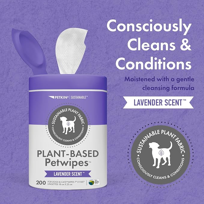 Petkin Plant-Based PetWipes, 200 Wipes, 6 Count - Biobased, Sustainable, Big & Thick Pet Wipes for Dogs & Cats - for Face, Paws, Ears, Body & Eye Area - Consciously Cleans & Conditions - Lavender