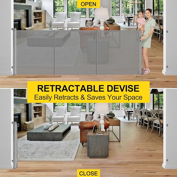 Reinforced 42” Tall x 200” Extra Wide Retractable Gate, Tall Dog Gate with Support Rods, Extra Long Baby Gate for Large Opening Indoor Safety Gate for Doorways Outdoor Garage Gates for Dogs, Gray