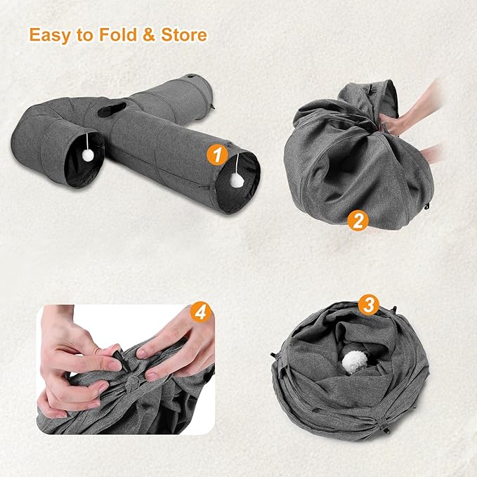 Ownpets Cat Tunnel Large 3 Way Collapsible Cloth Pet Tunnel Tube with Plush Ball & Feather Toy, U-Shaped Cat Play Tunnel for Indoor Cat, Puppy, Kitty, Kitten, Rabbit(Gray)
