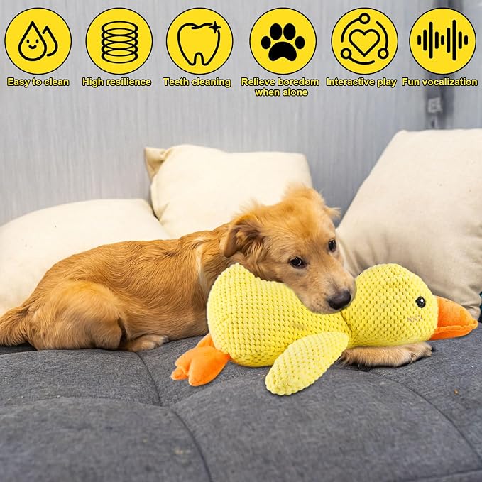 The Mellow Dog Calming Duck Pillow Toy, Squeaky Quacking Sound Duck Plush Chew Toy, Soft Comfort Calming Stuffed Duck Anxiety Toy for Indoor Small Medium Dogs, Yellow