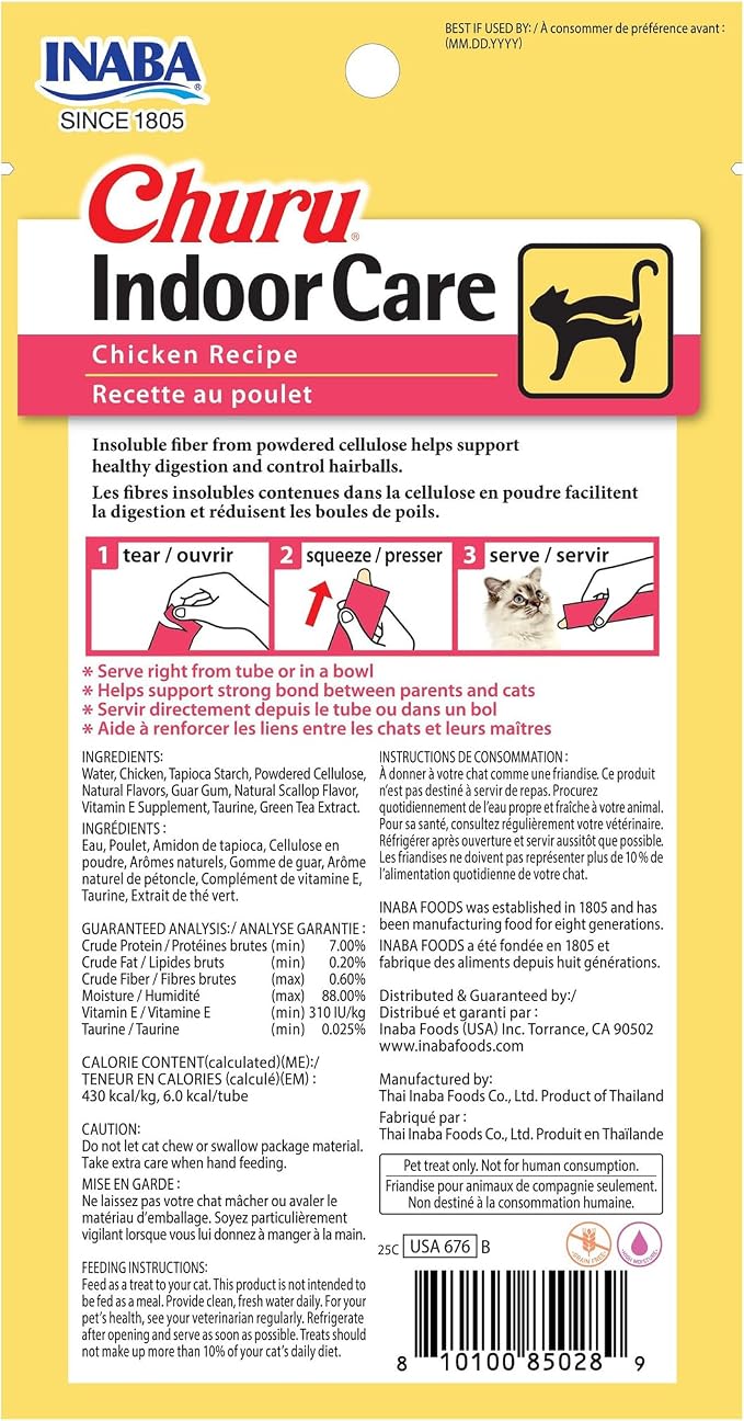 INABA Churu for Cats, Functional, Creamy Lickable Purée Cat Treat for Indoor Care and Hairball Control with Taurine & Vitamin E, 0.5 Ounces Each, 12 Tubes (4 per Pack), Chicken Recipe