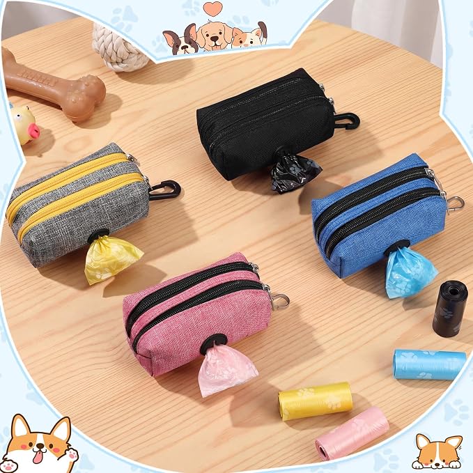 Aliceset 4 Pcs Dog Poop Bag Holder for Leashes Fabric Dog Poop Bag Dispenser and Treat Holder with 8 Rolls Pet Waste Pouches(Brown and Yellow, Black, Pink, Blue,Double Zipper)