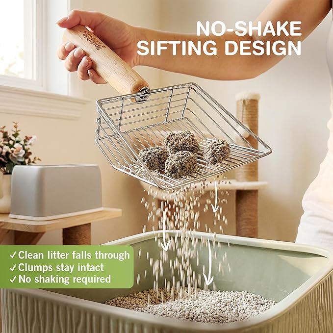 Sprinkle & Sweep: Litter Box Speed Shifter - 2 Pack - Metal Scoop, Comfortable Wood Grip, Washable Stand, Efficient Cleaning, Cat & Pet Maintenance