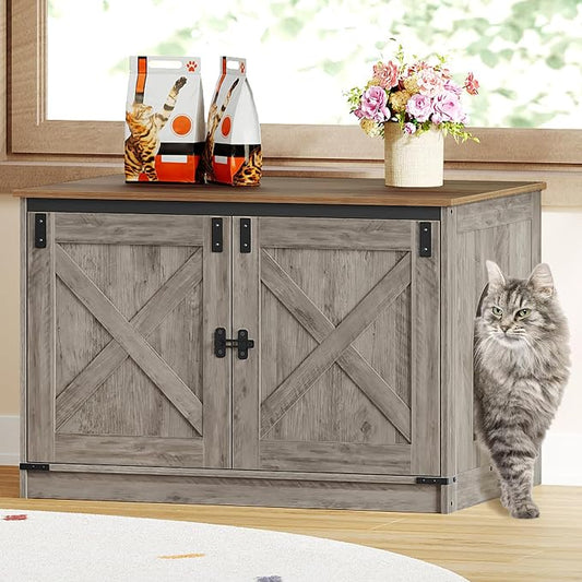 Hzuaneri Cat Litter Box Enclosure with Cushion, Hidden Litter Box Furniture with Removable Dividers, Reversible Entrance Left or Right Side, Cat House, Greige CB84605X