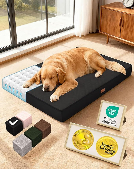 OhGeni Orthopedic Waterproof Dog Bed for Large Dogs, Machine-Washable Removable Cover in Easy-Clean Fabric, Reversible Memory Foam & Easy-Carry Handle, Suitable for Crate, 41 inch (Black)