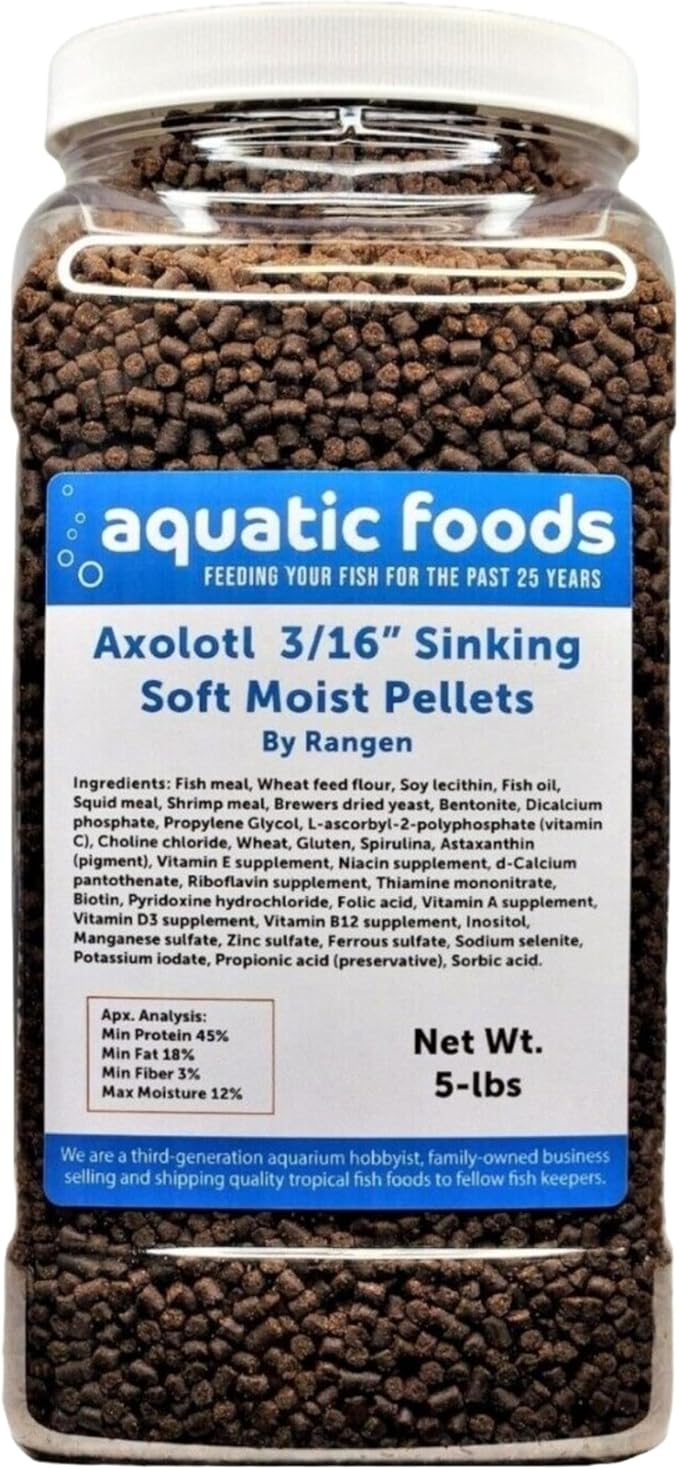 Axolotl Food 3/16" Soft Moist Sinking Pellets for Axolotls, Shrimp, Snails. Tropical Fish, Koi Fish & Pond Fish, Salmon Pellets. 5-lb-Jar