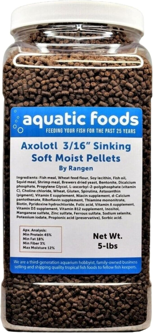 Axolotl Food 3/16" Soft Moist Sinking Pellets for Axolotls, Shrimp, Snails. Tropical Fish, Koi Fish & Pond Fish, Salmon Pellets. 5-lb-Jar
