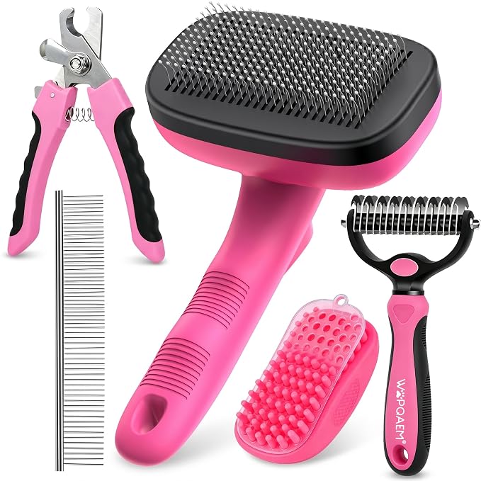 Self Cleaning Slicker Brush for Dog - 5 PCS Dog Brush Grooming Kit,Undercoat Rake Brush Comb for Small Large Dogs Cats, Dog Hair Brush Set, Grooming Deshedding at Home or Travel, Pink