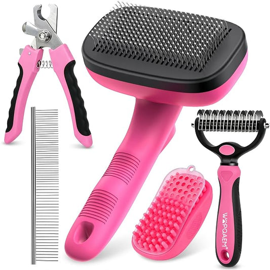 Self Cleaning Slicker Brush for Dog - 5 PCS Dog Brush Grooming Kit,Undercoat Rake Brush Comb for Small Large Dogs Cats, Dog Hair Brush Set, Grooming Deshedding at Home or Travel, Pink