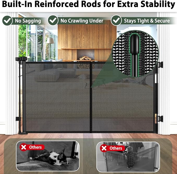 KISKIZ 59 Inch Wide Retractable Baby Gates, Reinforced Retractable Gate with Support Rods to Prevent Crawling Through, 5 FT Retractable Dog Gate for Stairs, Doorways, Hallways, Indoor/Outdoor, Black