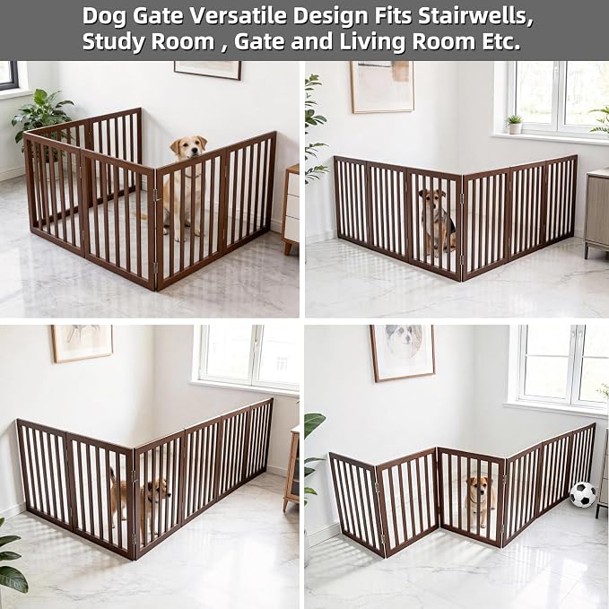 Dog Gate Indoor, Freestanding Dog Fence for The House, Doorways, Hallways,or Stairs,Pet Gate Foldable Wooden,Expandable 32" Height 6 Panels,Brown