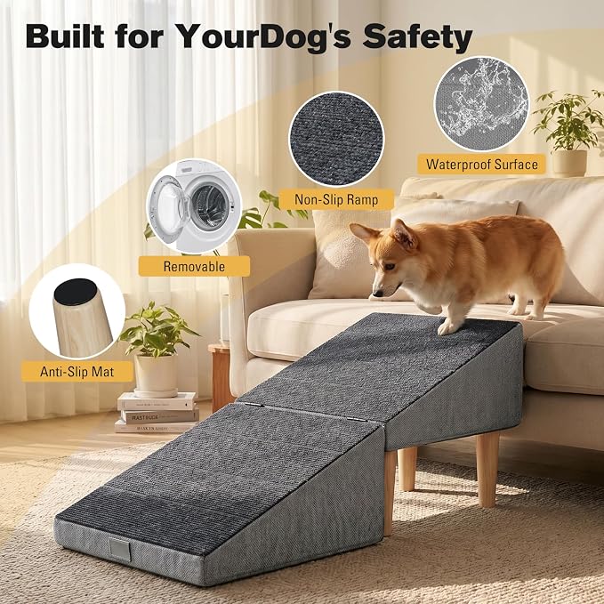 2-in-1 Folding Dog Ramp & Stairs for Small Dogs and Cats – Split Ottoman for Couch/Bed, with Removable Washable Anti-Slip Mat & Cleaning Brush (Light Grey Dog Ramp)